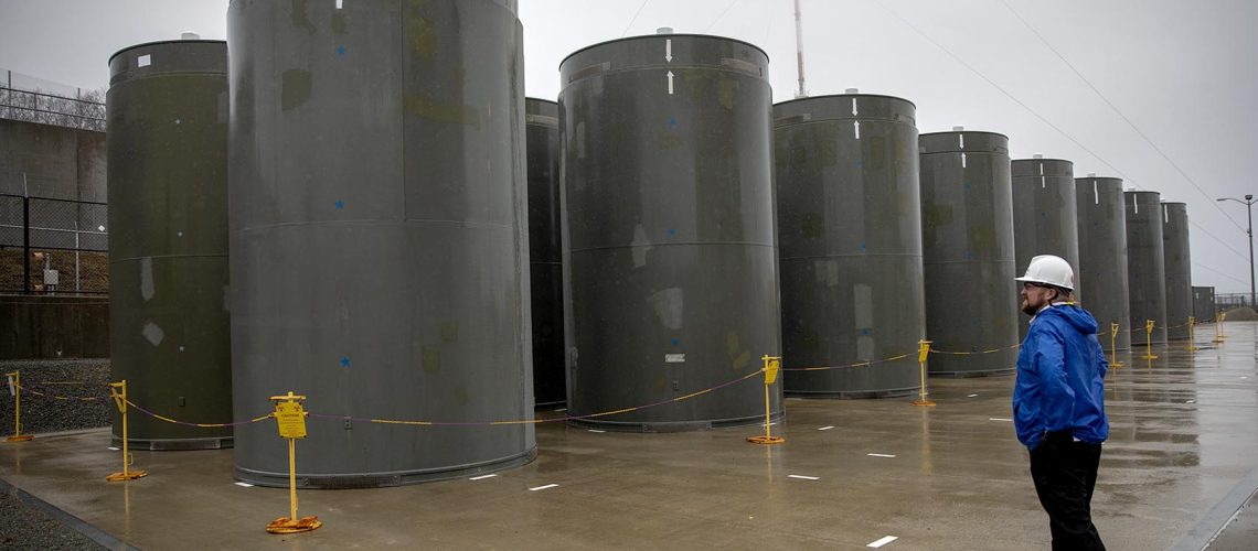 Spent fuel casks Pilgrim Nuclear Power Station. (Robin Lubbock/WBUR)